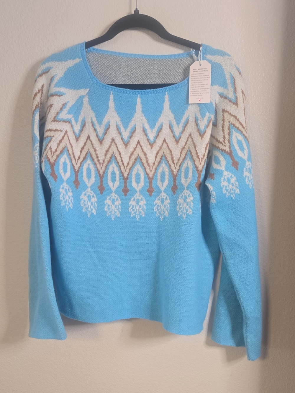 Light Blue Scoop-Neck Patterned Women's Sweater